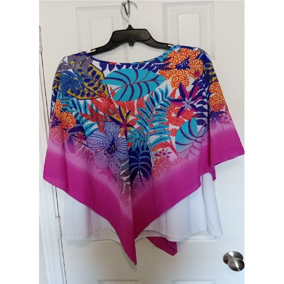 Plus Size Top Poncho Style Blouse Botanical Print Round Neck 3/4 sleeve - Picture 2 of 2